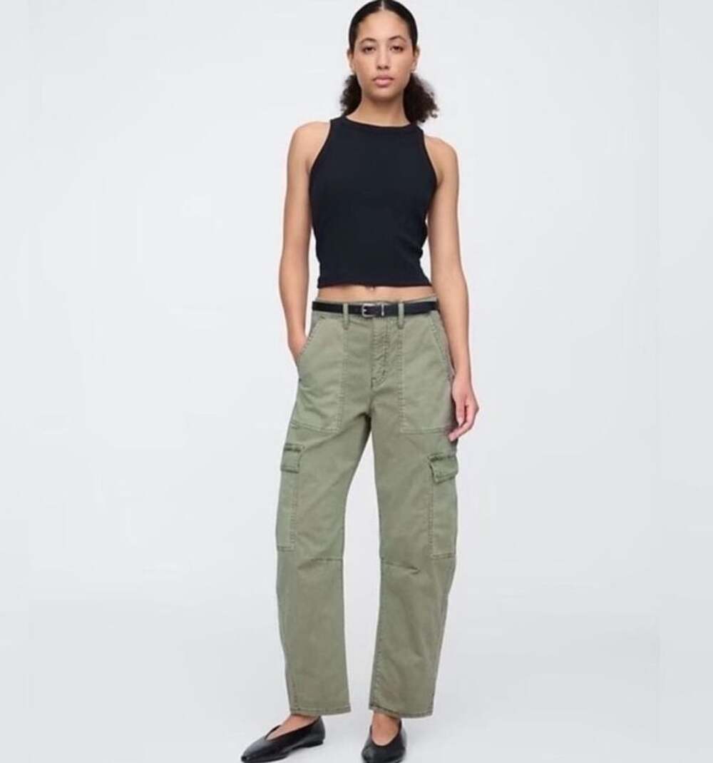 Gap High Rise Relaxed Utility Cargo Barrel Pants Khaki Green SZ 12